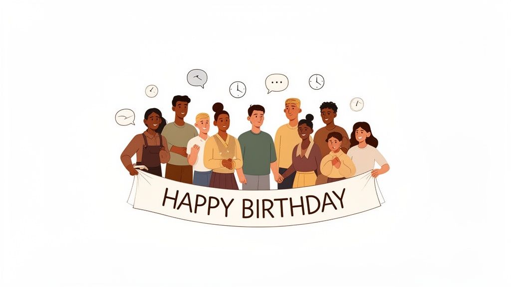 A diverse group of smiling people holding a 'Happy Birthday' banner, with speech bubbles and clock icons.