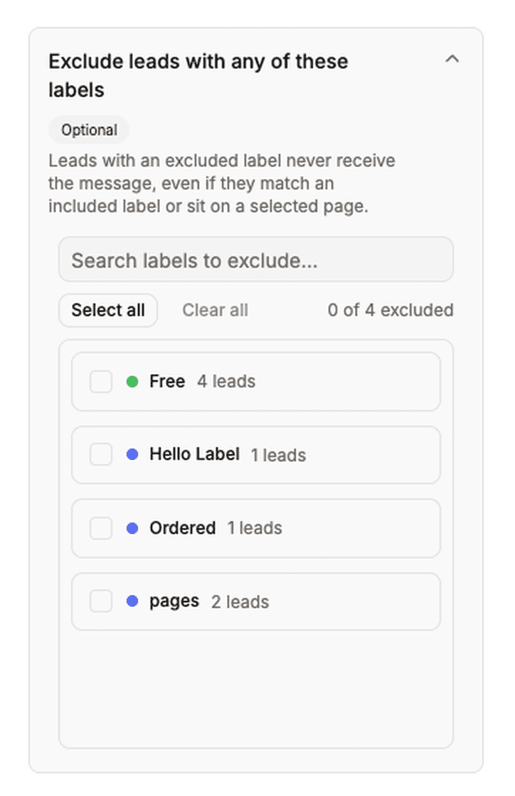 Exclude leads with any of these labels panel, listing workspace labels with lead counts and a clear all control.