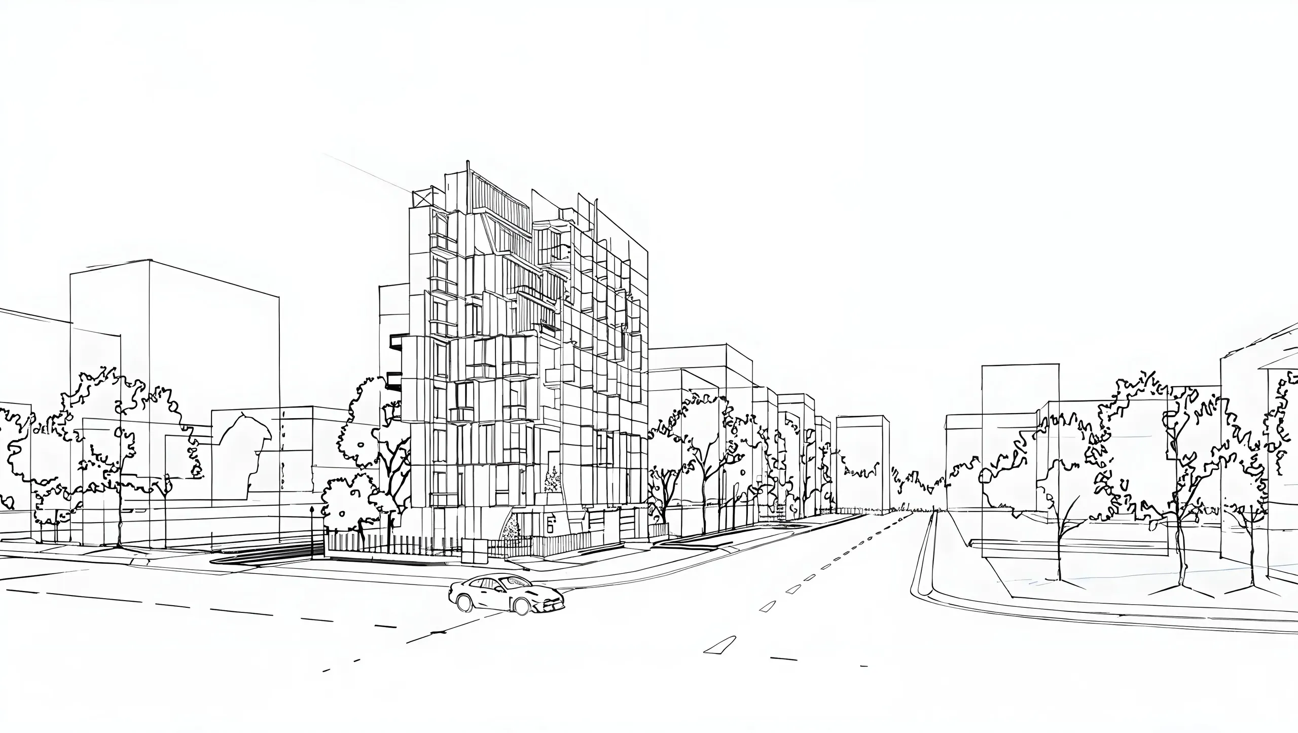AI-generated architectural street view sketch of a residential building created with MINIST.