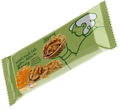 Lowcal Garden walnut and honey snack bar packaging — 'Walnut Let You Down Honey' punny product name with character illustration, walnuts and honeycomb on green wrapper — snack packaging design by Makers' Studio