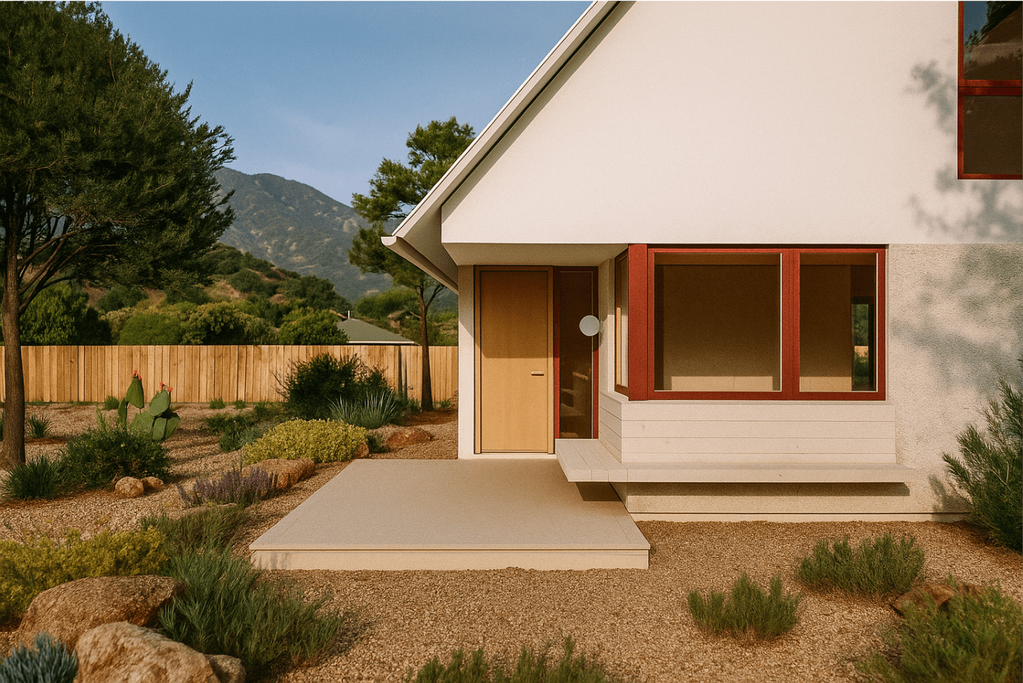Front entry of a modern cottage with red-trimmed windows, wood door, and desert landscaping.