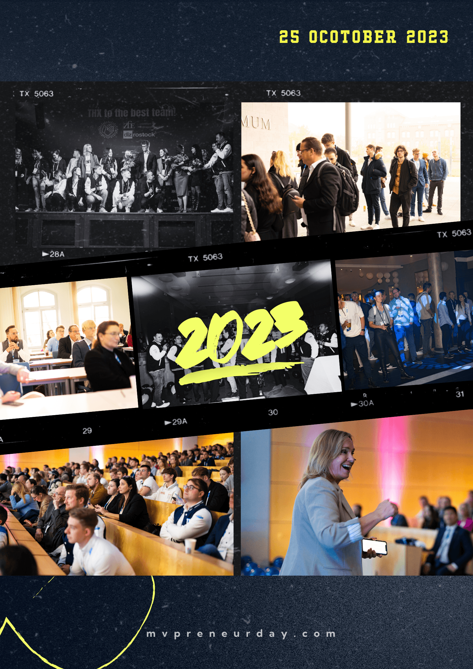 Collage vom MVPRENEUR Day 2023 mit Veranstaltungseindrücken vom 25. Oktober: Vorträge, Menschen im Austausch, Gruppenfoto. Zahl „2023“.