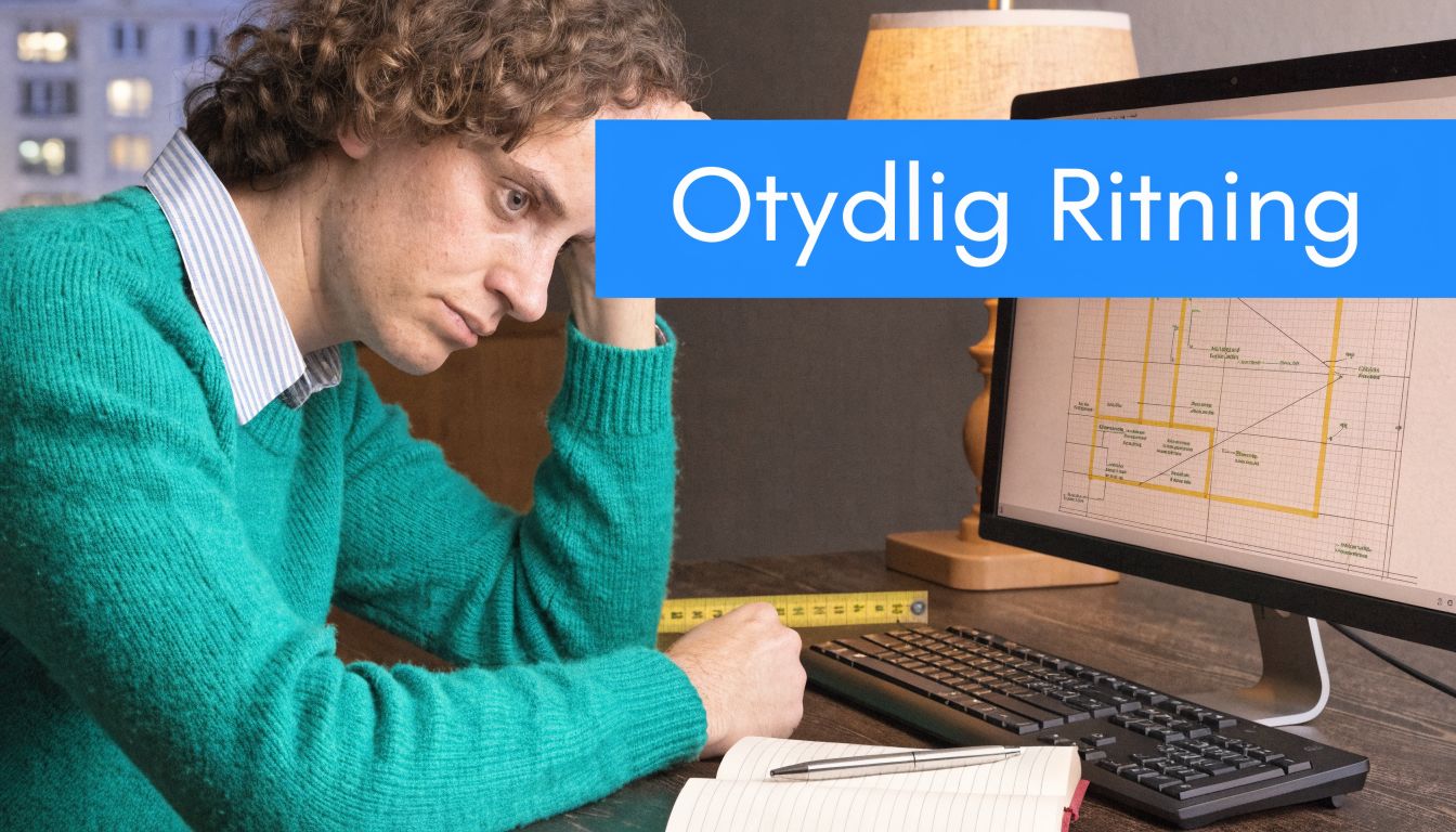 En frustrerad man som tittar på en otydlig ritning på sin datorskärm vid ett skrivbord.