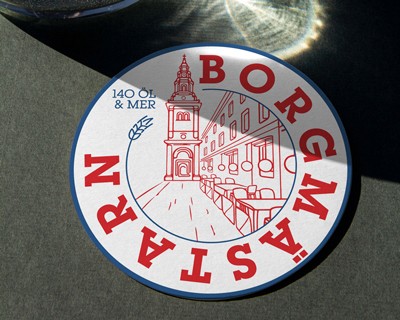 Circular Borgmästarn branded sticker with red and navy illustration — pub brand identity by OUF Design Studio
