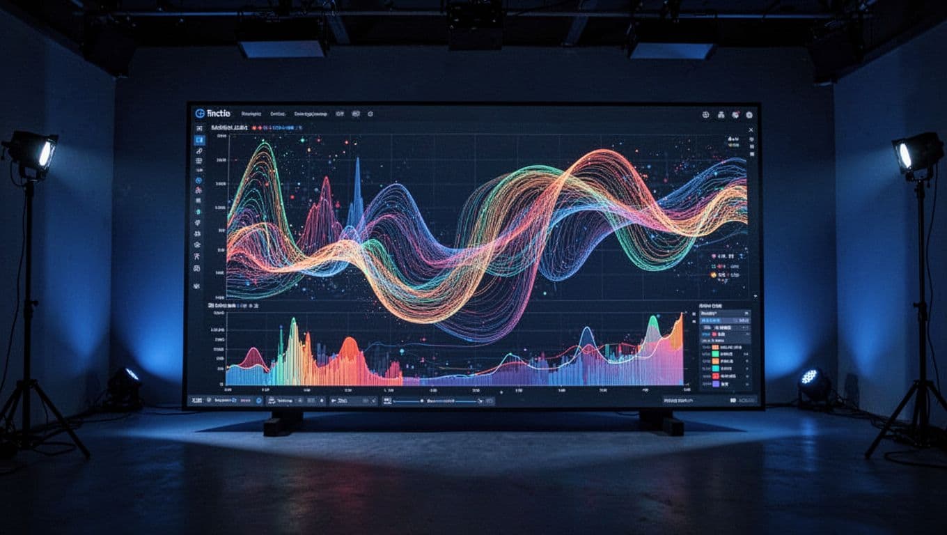 A glowing digital interface displays sharp bar charts and rising trend lines against a dark background. Deep blue hues illuminate the complex financial metrics floating on the high-tech screen display.