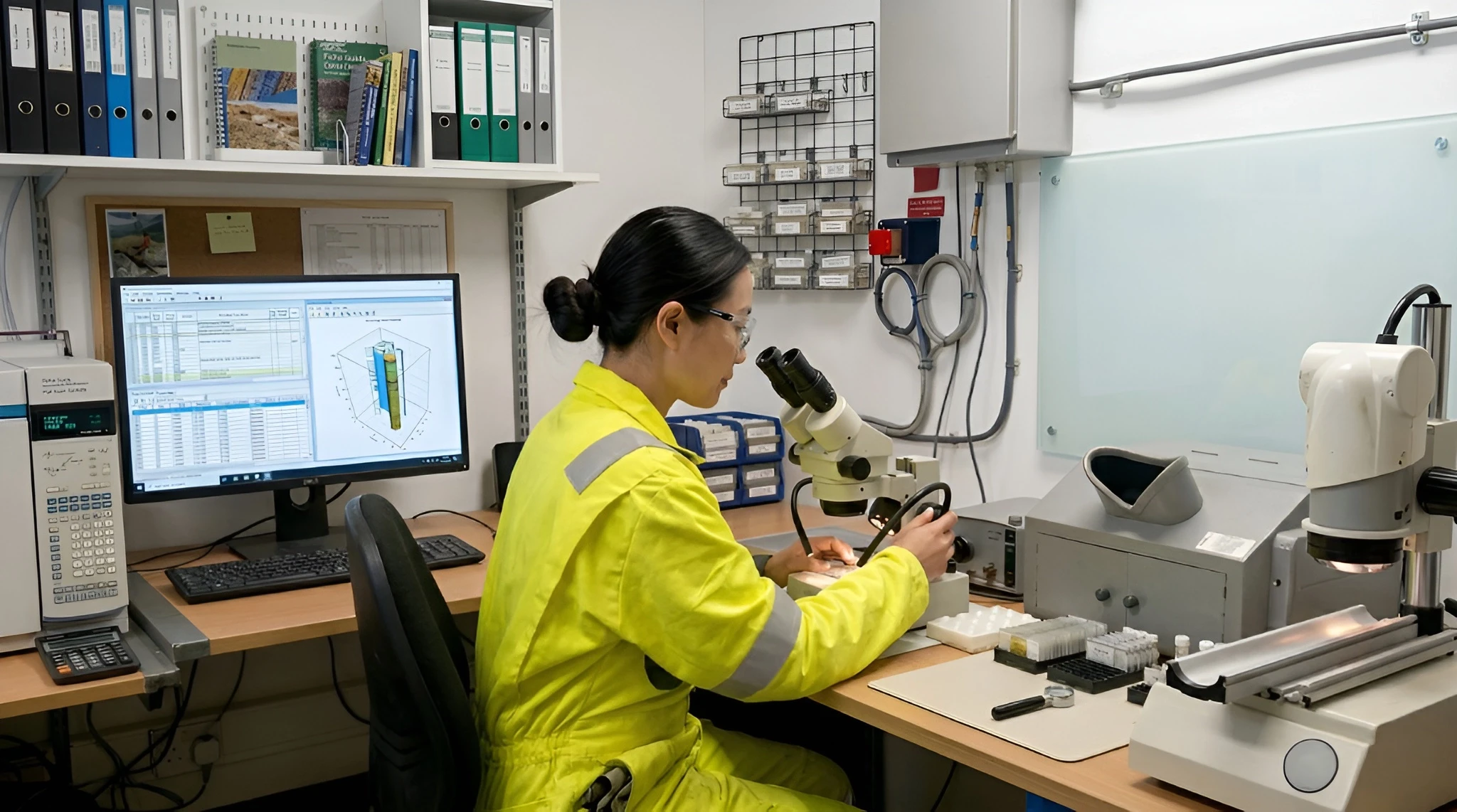 Operations geologist in yellow hi-vis coveralls using a microscope in a technical laboratory.