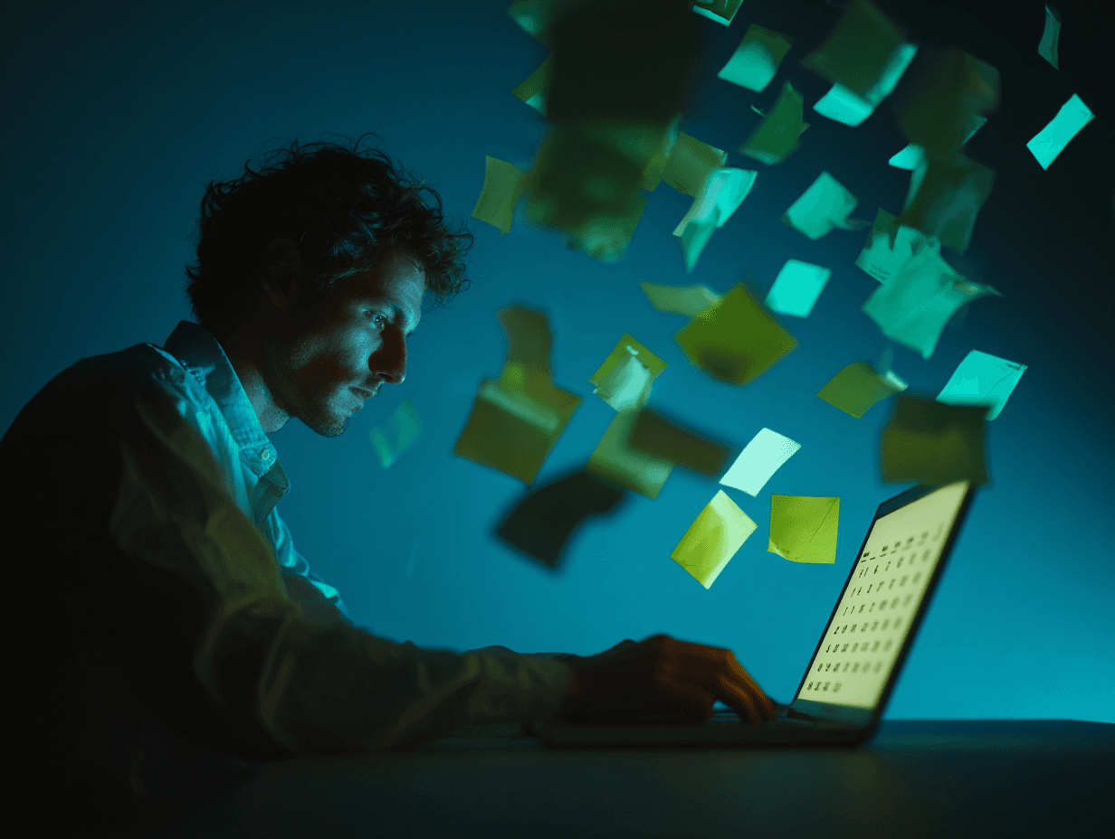 man lookinf focused, laptop filled with files and papers flying