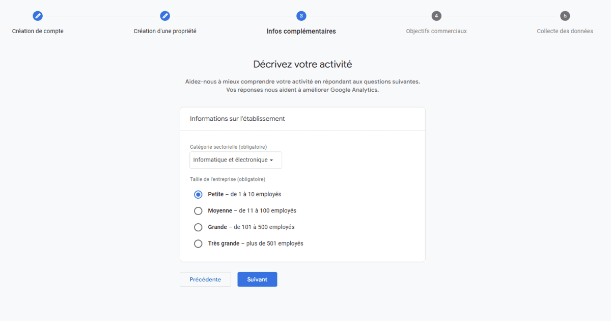 Configuration des informations d’activité lors de la création d’un compte Google Analytics
