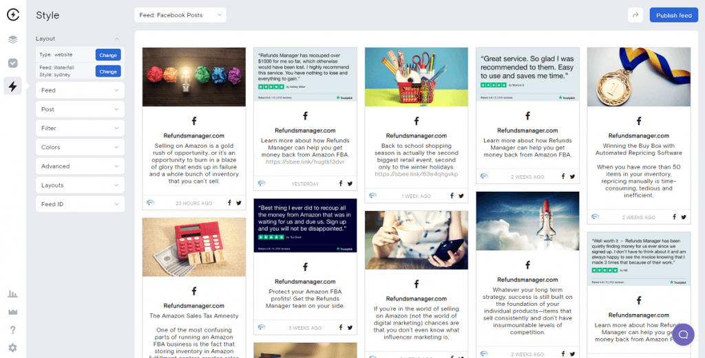 waterfall style template with Facebook feed