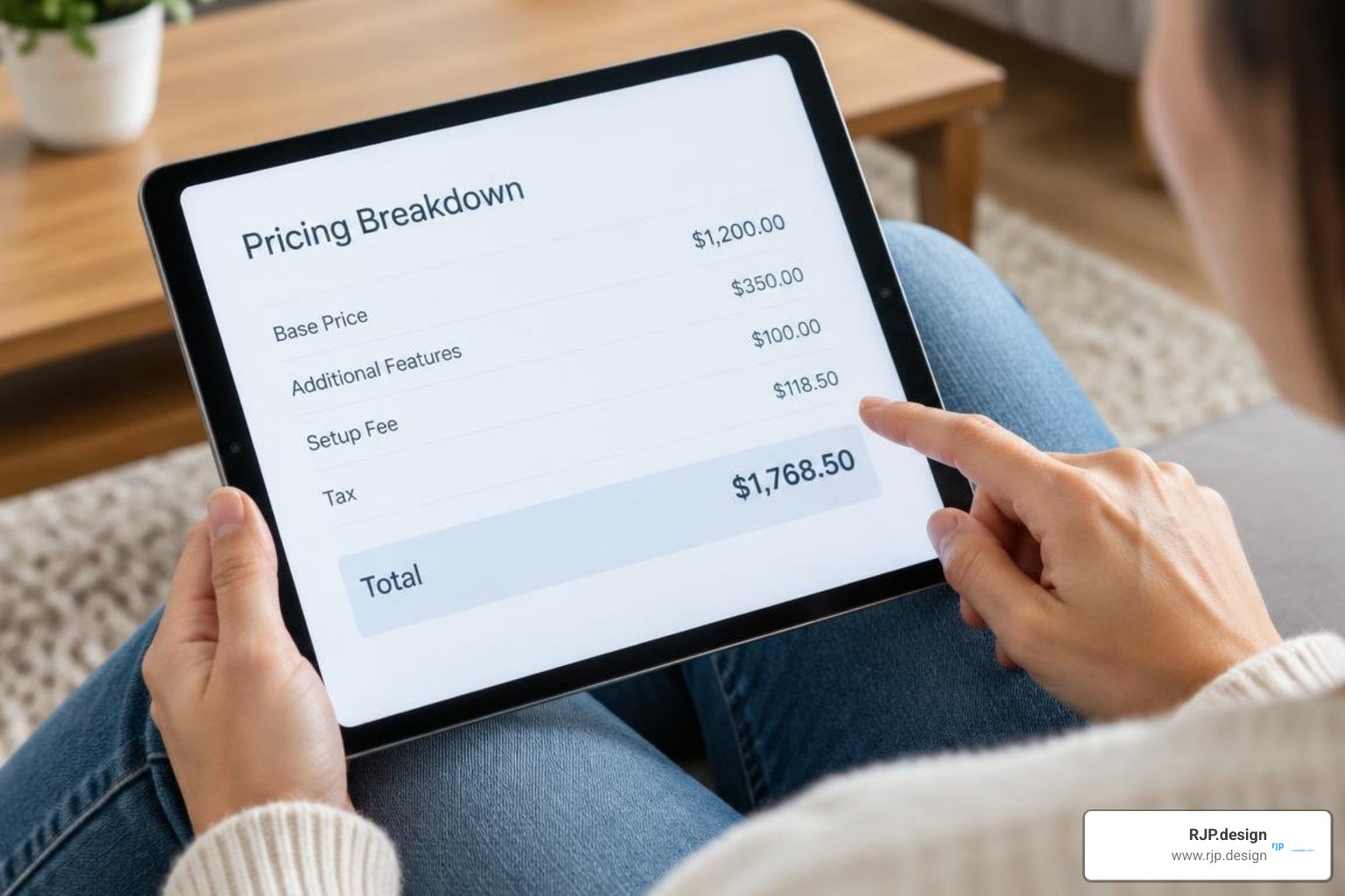 transparent pricing breakdown on a tablet screen