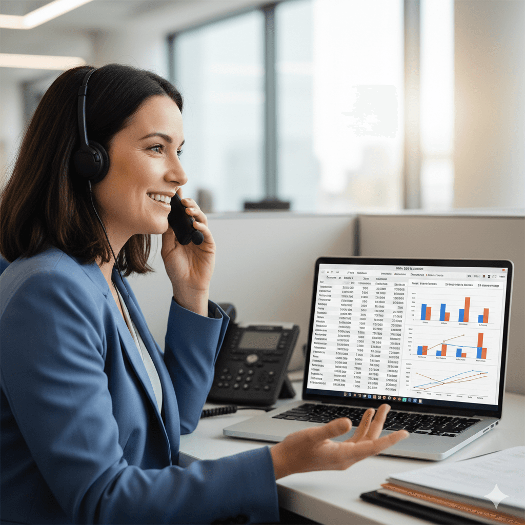 A smiling intake coordinator wearing a headset while speaking on a phone, with a laptop displaying call logs and data charts on the desk.