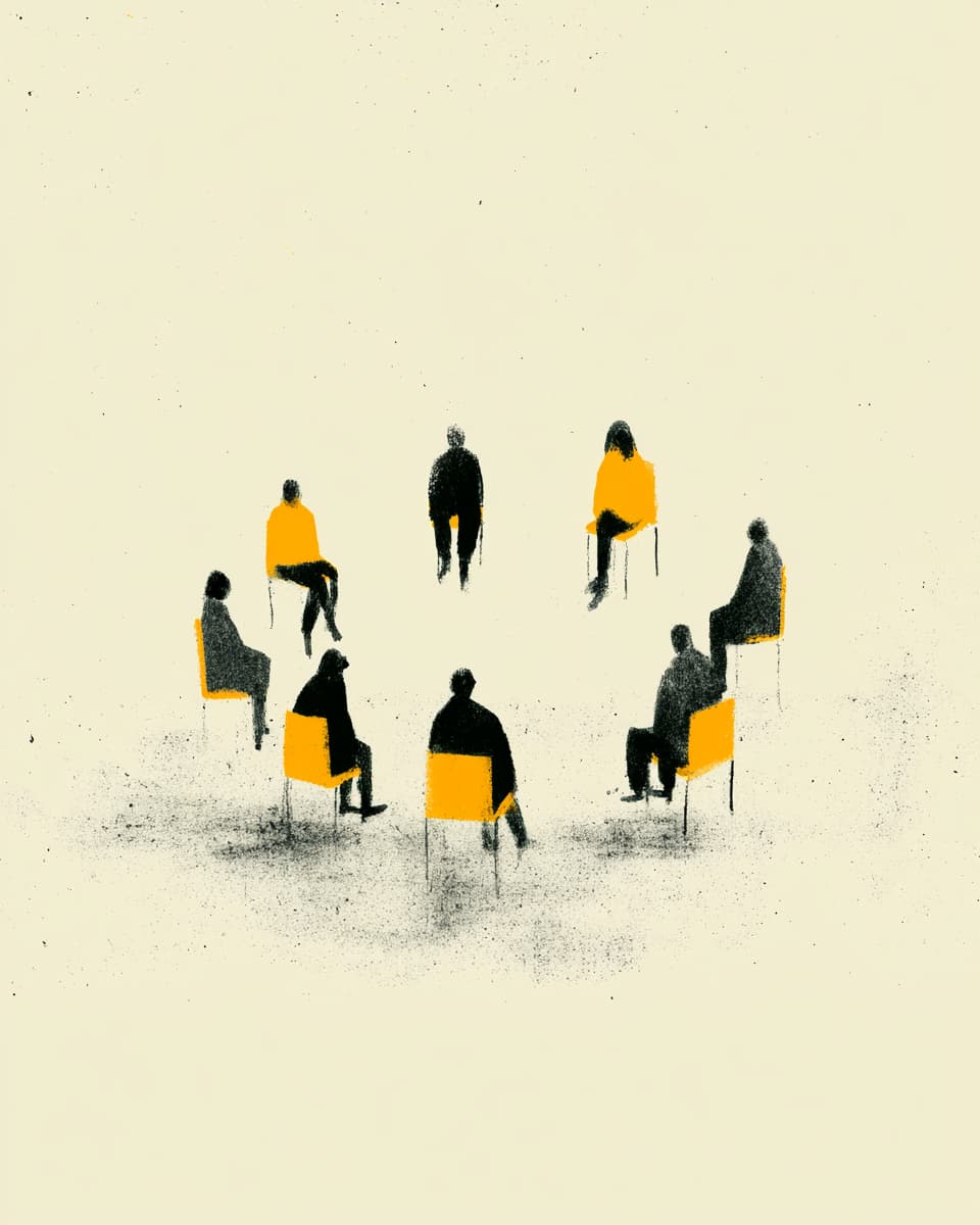 Illustration: Menschen sitzen im Kreis auf Stühlen, Gruppentherapie, Psychologie, Gespräch