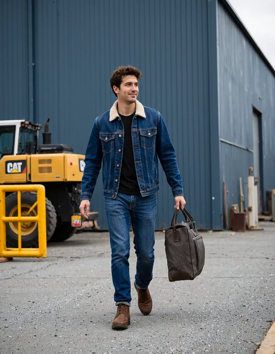 Person walking in denim jacket and jeans carrying leather bag, industrial setting with blue metal building and yellow construction equipment