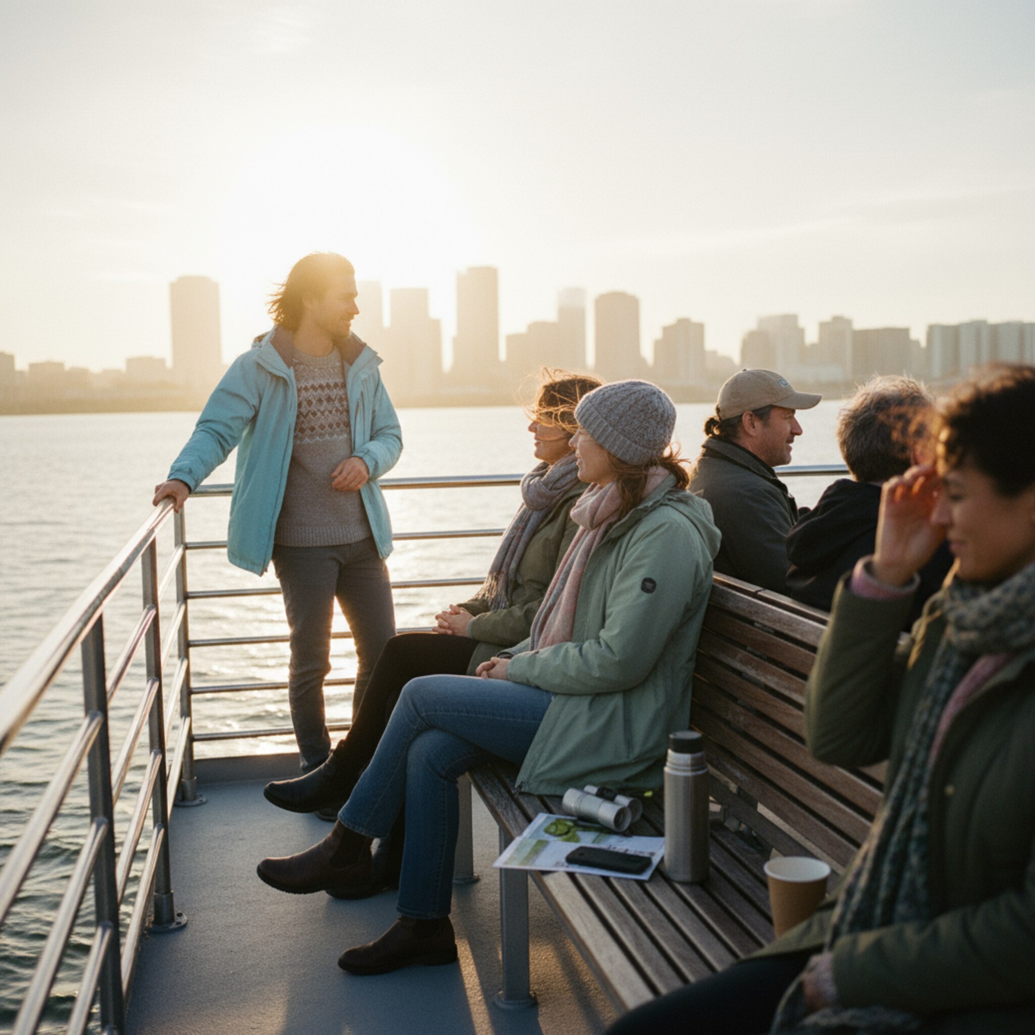 Auf dem Oberdeck zeigt ein Guide mit ausgestrecktem Arm auf die Skyline. Gäste sitzen entspannt auf Bänken, eine leichte Brise bewegt Mützen und Schals. Warmes Gegenlicht zeichnet weiche Konturen. Ein Fernglas liegt neben einer Broschüre, leise Wellen klatschen gegen den Rumpf.
