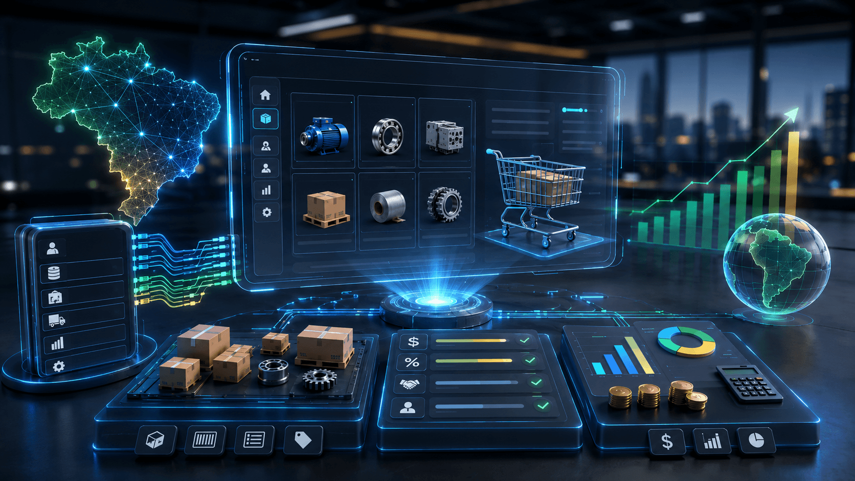 Imagem 3D realista de uma plataforma de vendas B2B com catálogo de produtos, integração com ERP, indicadores de política comercial e análise de custos, conectados por fluxos digitais. Ao fundo, um mapa holográfico do Brasil e gráficos de crescimento representam a operação no mercado brasileiro.