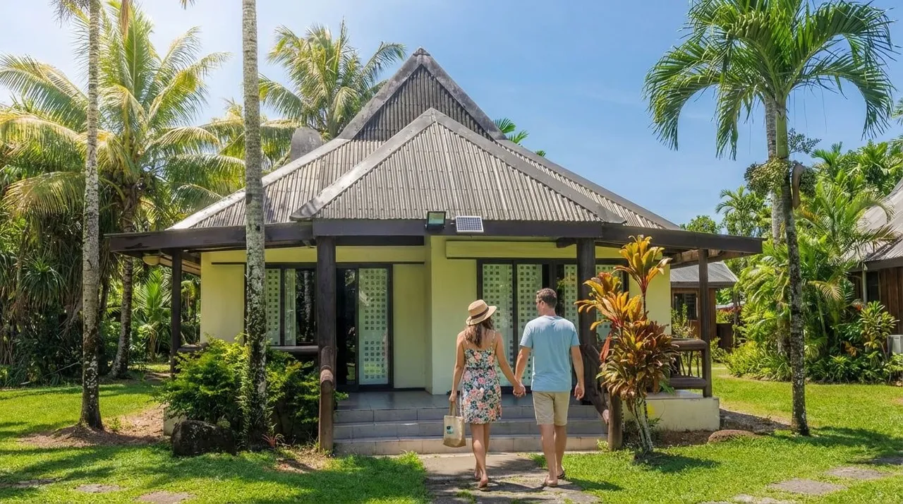A couple walks towards a traditional Fijian bure at Uprising Beach Resort, Pacific Harbour, Fiji.