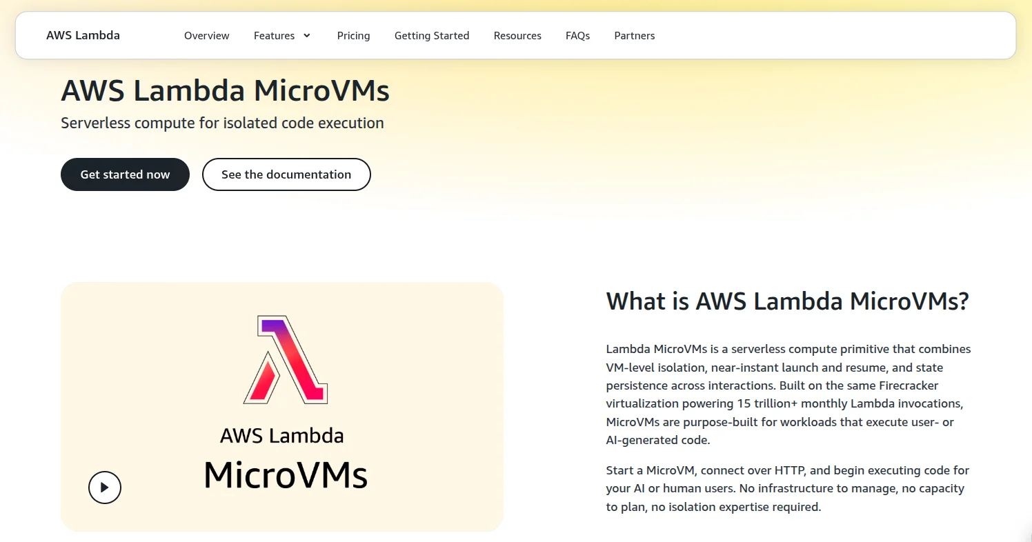 AWS Lambda MicroVMs homepage