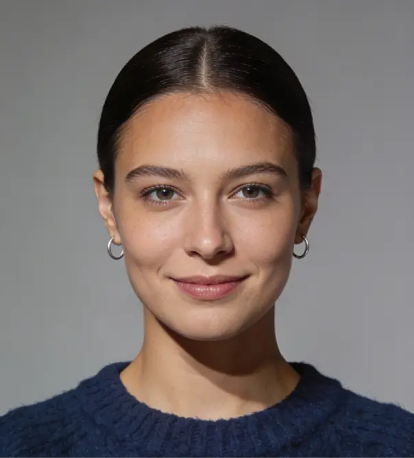 a young woman with smiley face wearing a blue sweatshirt