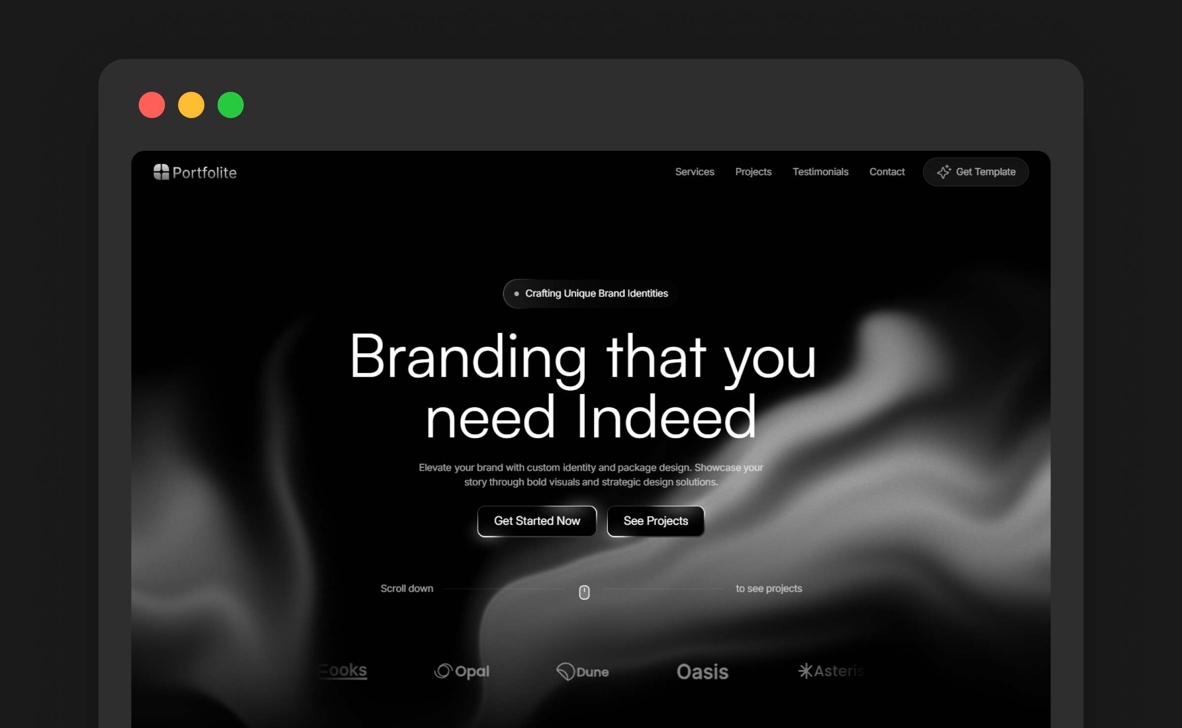 Portfolite free Framer portfolio template — dark branding designer homepage reading 'Branding that you need Indeed'