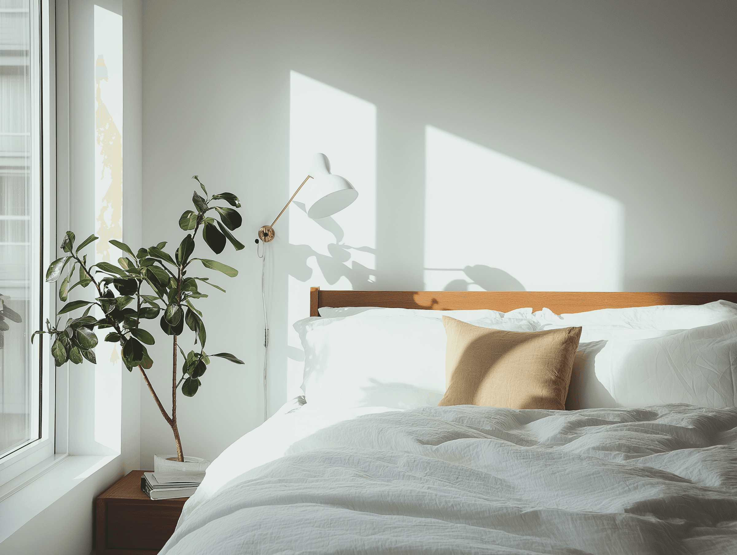 Bright modern bedroom with wooden headboard, white sconce, fiddle leaf fig plant, layered white linens with mustard accent pillow, and dramatic window shadows