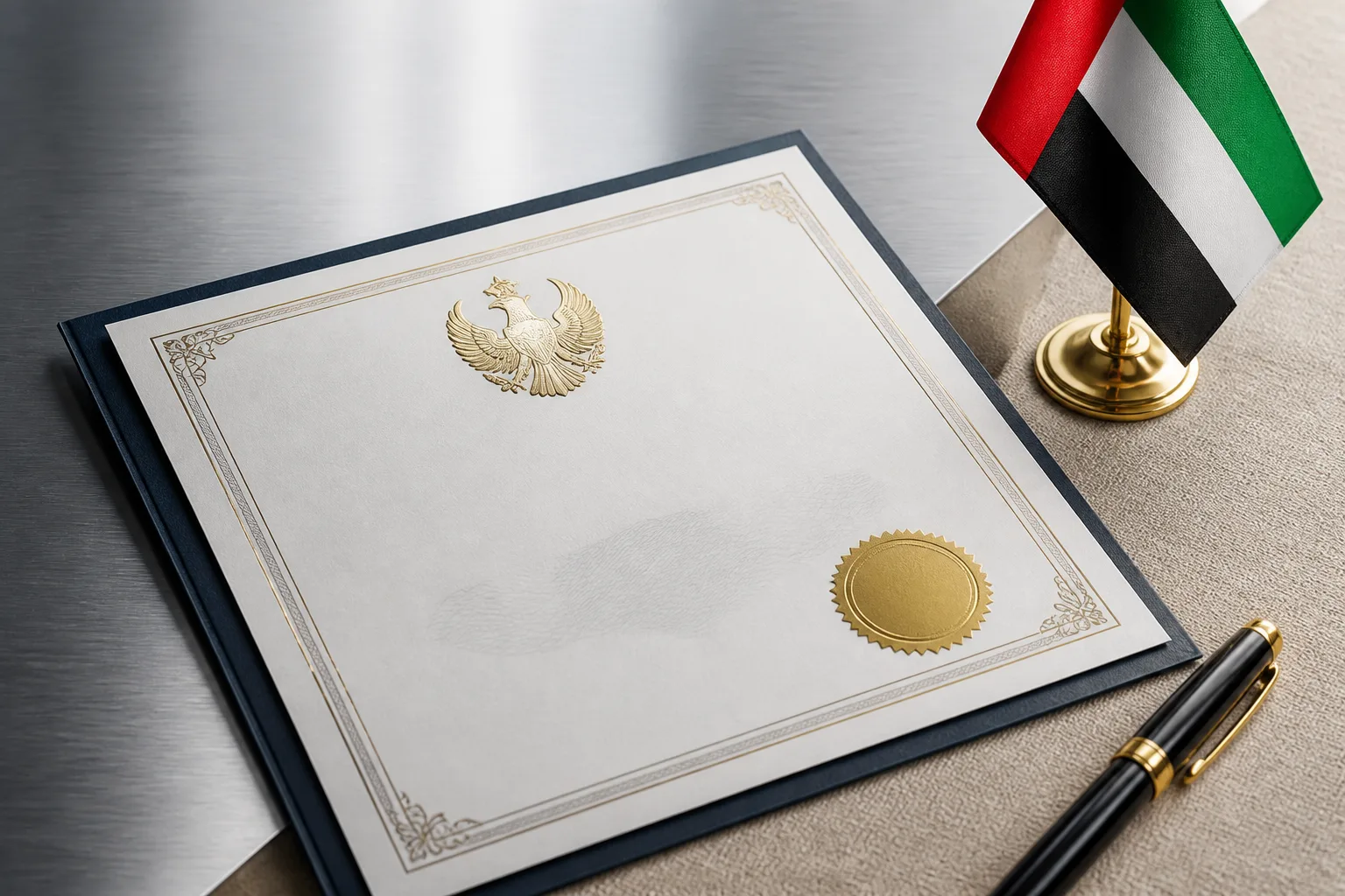 Company Ownership Certificate in the UAE beside a signed corporate agreement with an official stamp