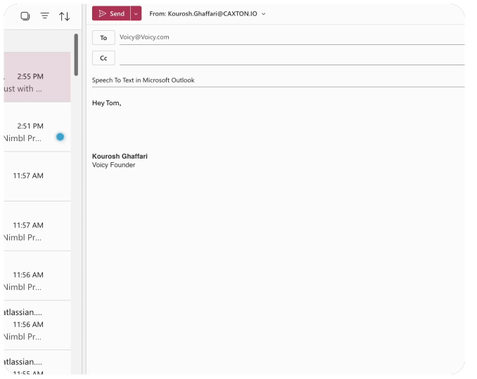 A gif of Voicy being used to write an email on outlook with voice dictation