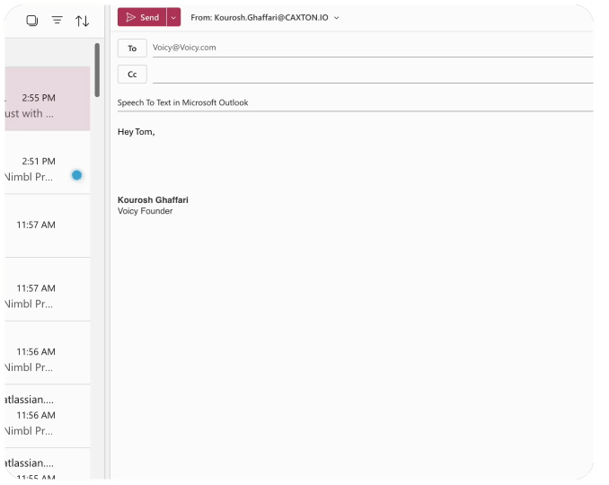 Ein GIF von Voicy, das verwendet wird, um mit Spracherkennung eine E-Mail in Outlook zu schreiben