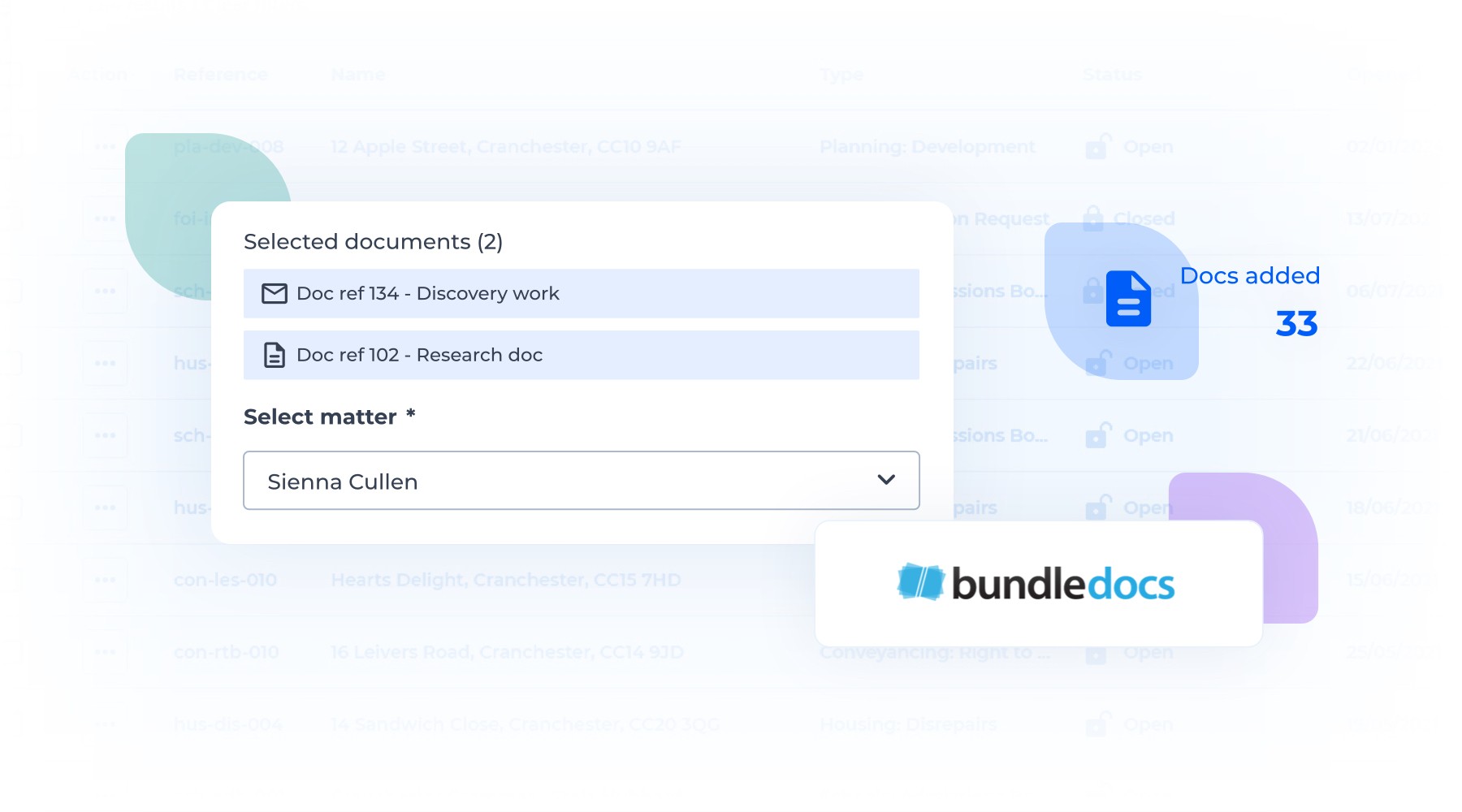 Document management and bundledocs feature screenshot within Iken's Legal Case Management Software