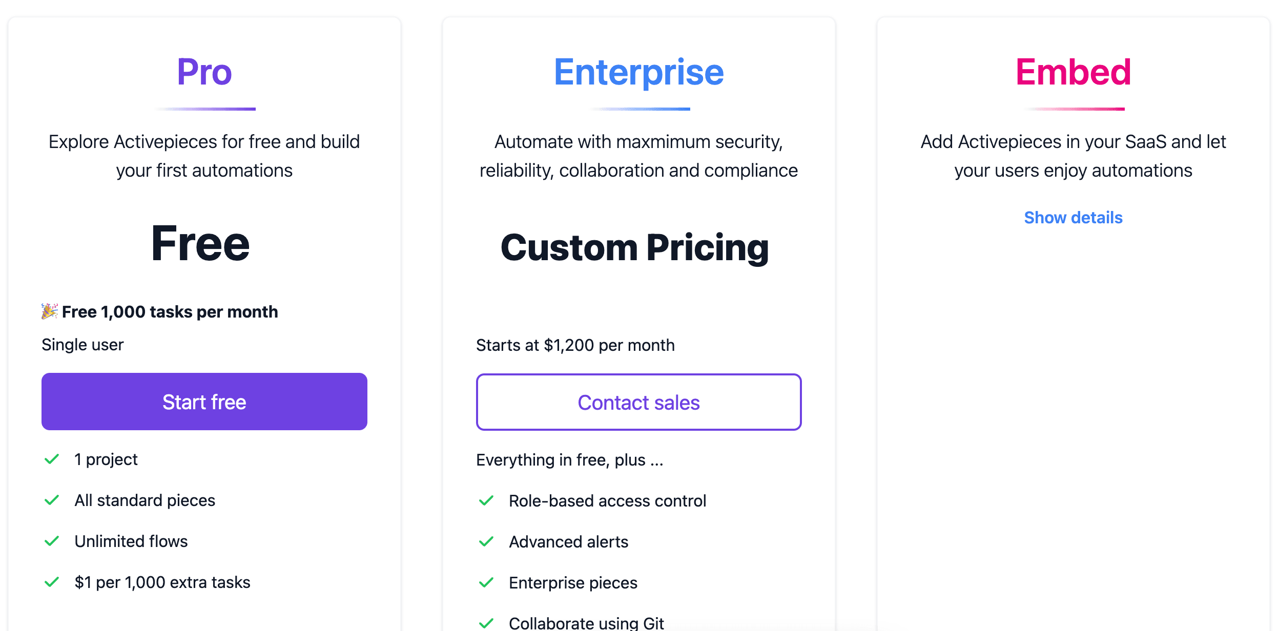 Activepieces has a less developed pricing structure.