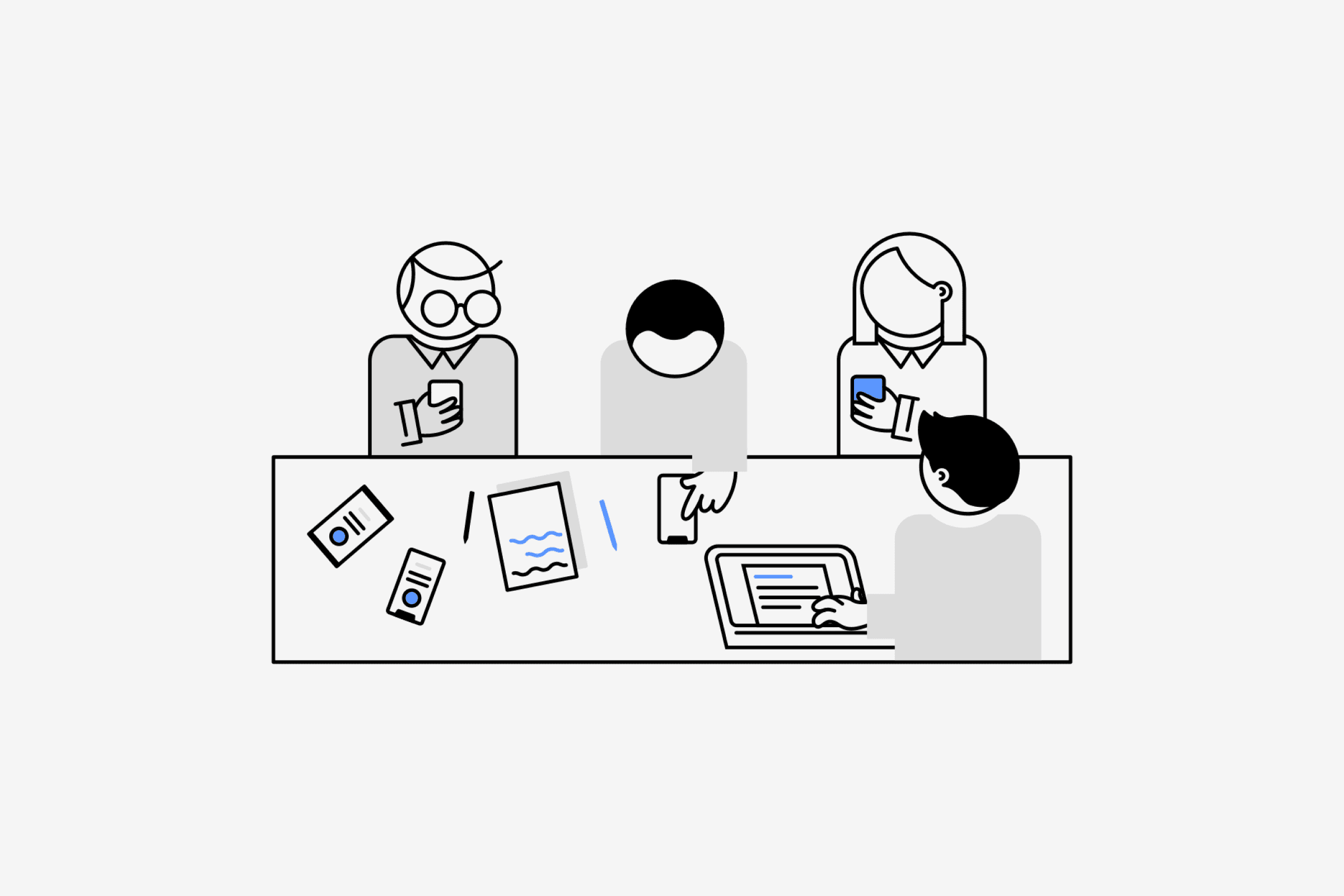 An illustration showing some characters sitting around a desk testing their phones and laptop