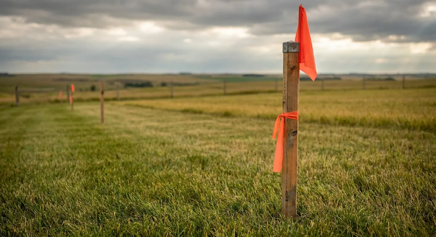 Orange flags mark a field in cloudy weather; RockN' Socials Digital Marketing Agency.