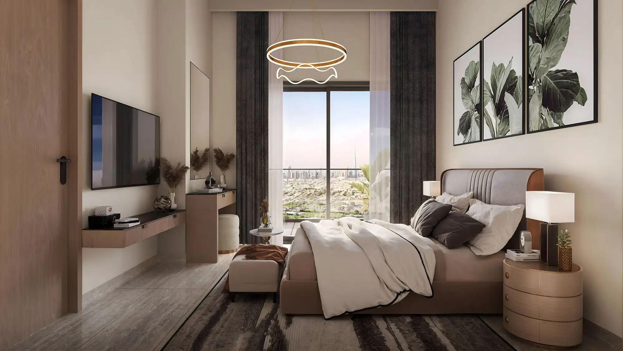 A modern bedroom equipped with a bed, dresser, and closet, offering relaxation and panoramic views.