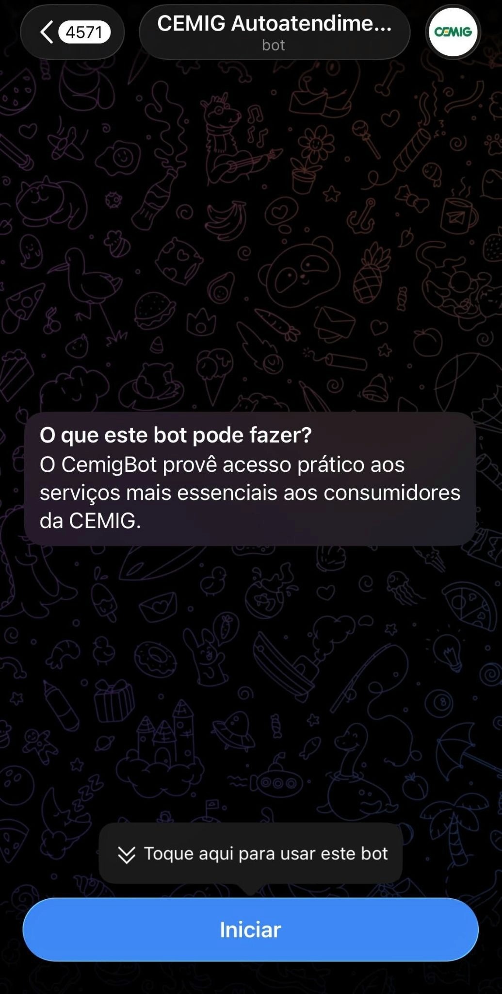 Tela de Atendimento da Cemig por Telegram