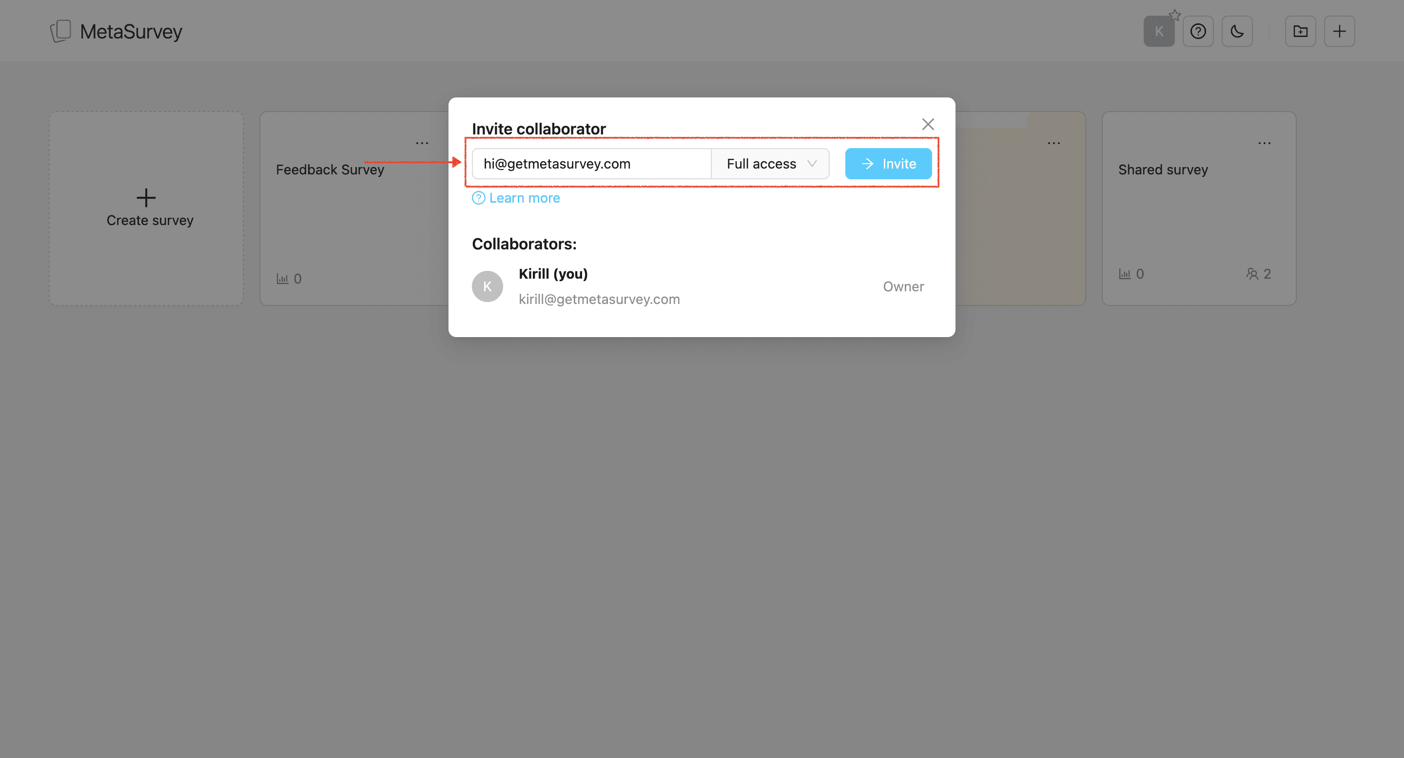 Input collaborator email to invite