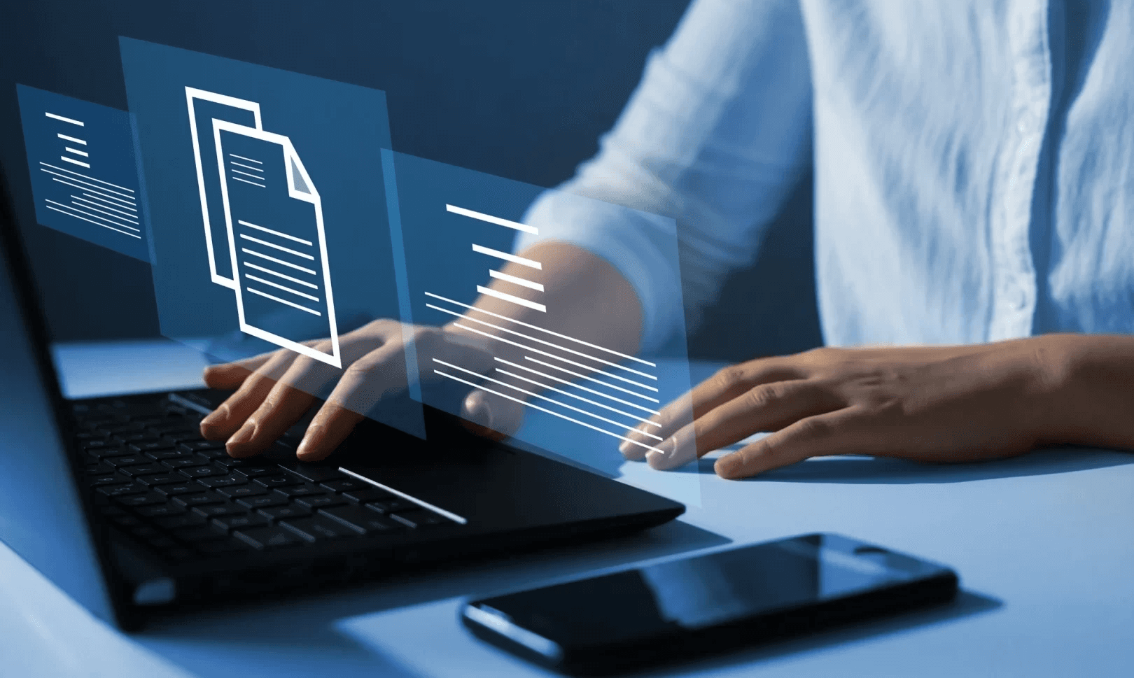  Person using laptop with digital documents - Text Summarization API