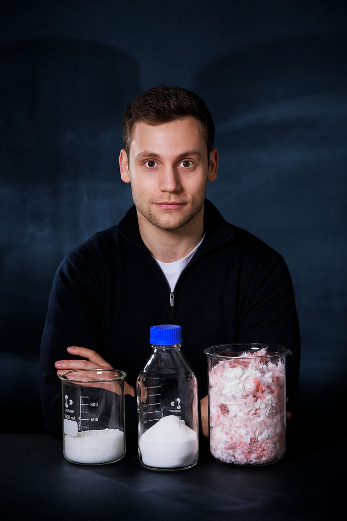 Jacob with some textile waste recycled back to monomers