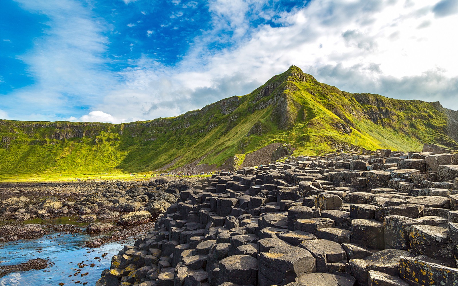 Giant's Causeway basalt columns with green cliffs in Northern Ireland.