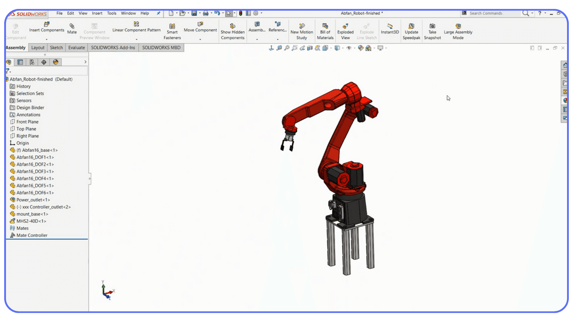 Large SolidWorks assembly of a robotic arm displayed in model workspace