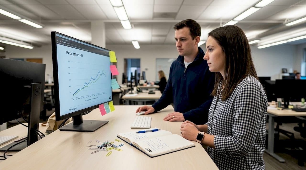 Team reviews retargeting performance graph together