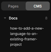 Pages panel switched to CMS tab, showing the Docs collection expanded with a CMS item listed below