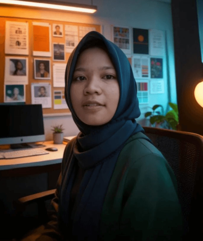 A person with medium-length brown hair wearing a dark, textured coat and a burgundy turtleneck. They have a calm, neutral expression.