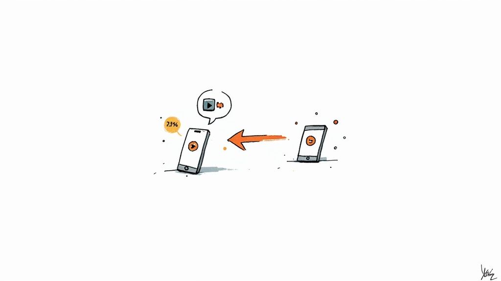 Two smartphones exchanging video files wirelessly with arrow showing transfer direction and data icons