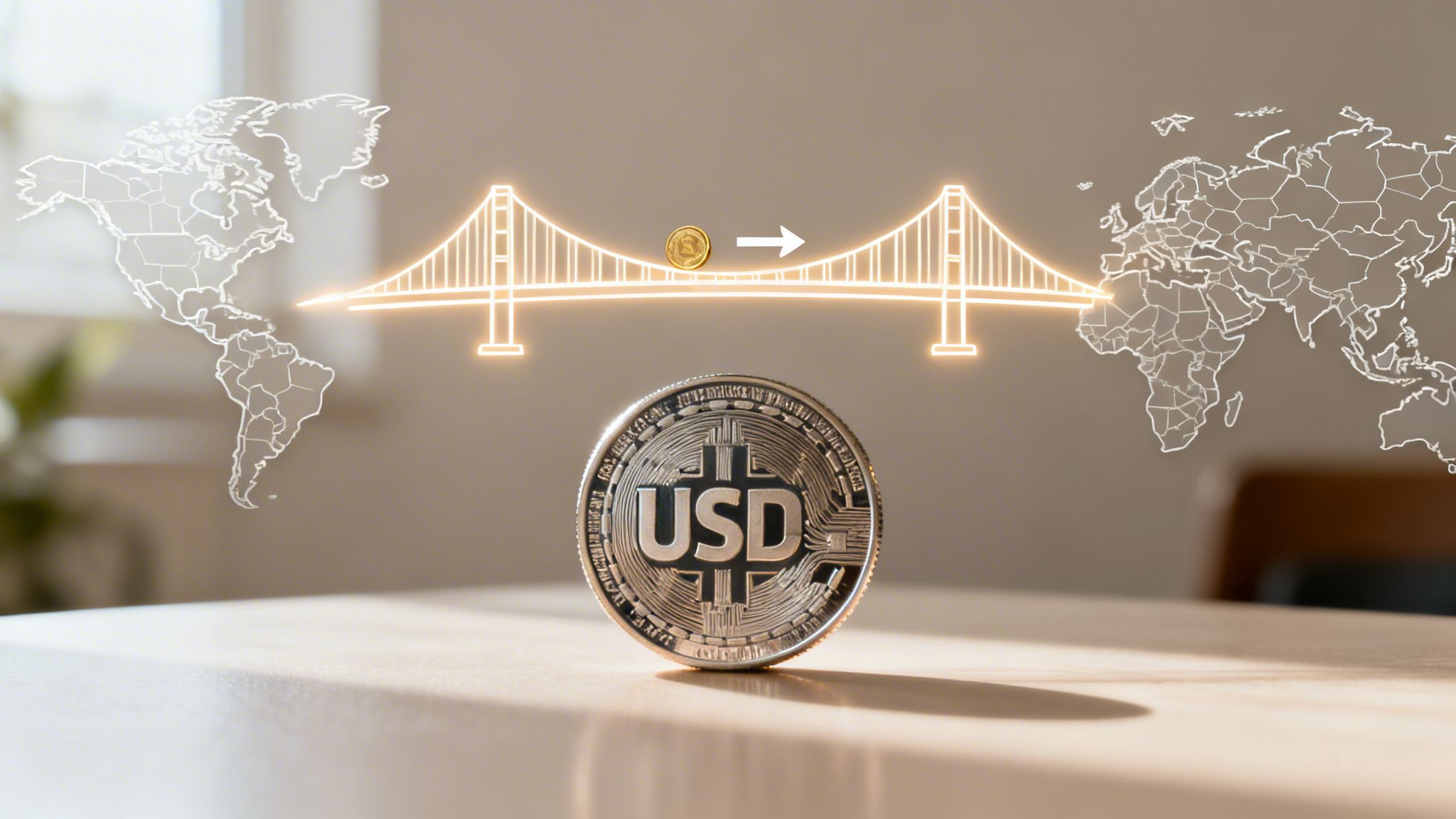 Digital USD coin on a table with a glowing bridge connecting world maps for global crypto transactions.