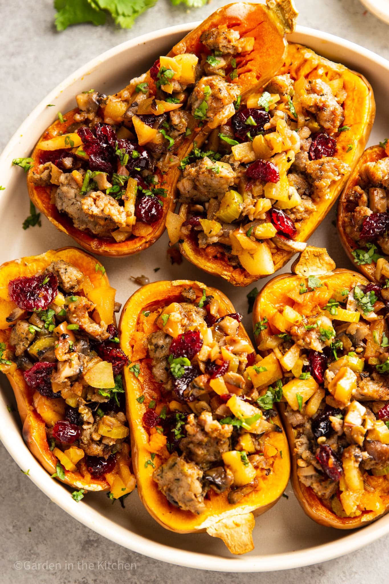 A beautifully plated honey nut squash dish, showcasing roasted slices of honey nut squash drizzled with olive oil, stuffed with sausage, and garnished with a sprinkle of seasoning. Image credit: Garden in the Kitchen 