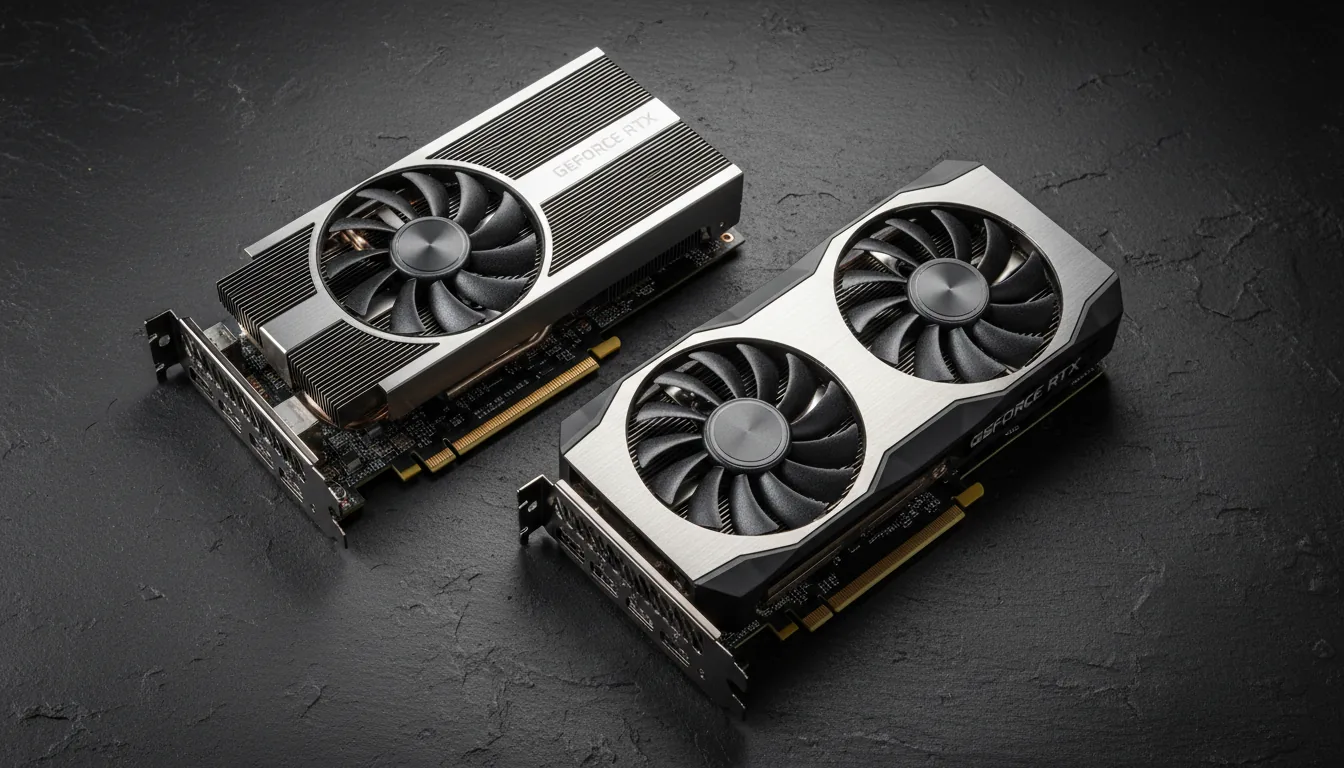 DSLR product photography from a high angle, featuring two high-end Nvidia Founder's Edition graphics cards laid diagonally on a dark, matte, textured surface. Soft studio lighting highlights the intricate details of the brushed aluminum and matte black plastic shrouds. The entire image is in sharp focus, showcasing the technical design of the computer hardware. One card has a single blower fan design, the other has a dual-fan design.