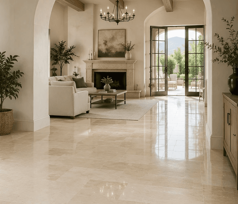 Restored residential marble floor with a polished finish.