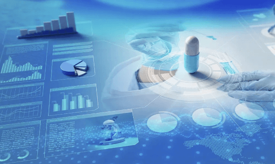Abstract blue tech graphic with a reaching hand