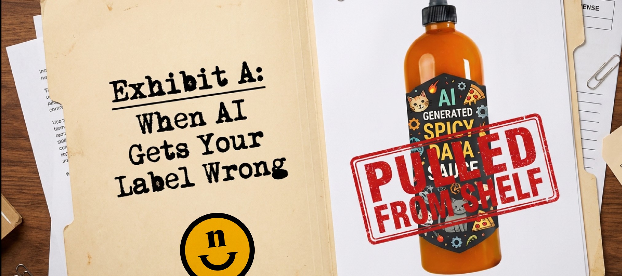 Mock legal exhibit showing an AI-generated product label marked “pulled from shelf,” illustrating risks of incorrect AI content in ecommerce