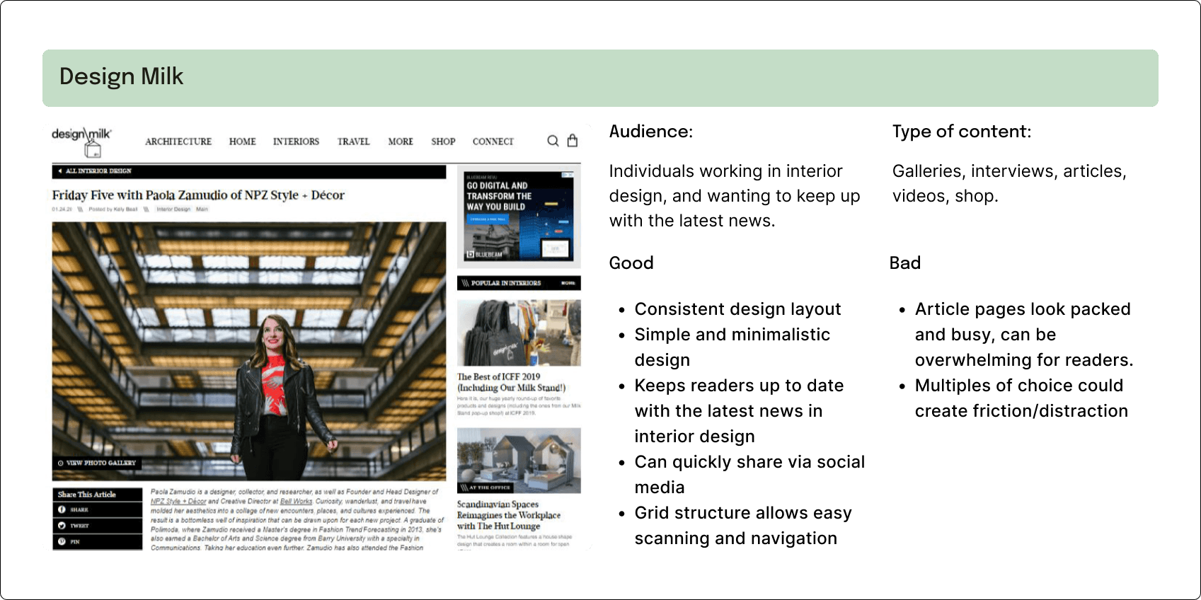 A table comparing the design of the site 'Design Milk'.