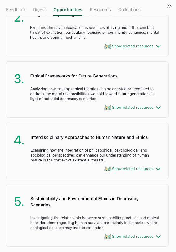 Screenshot of thesify’s Opportunities tab showing suggested future research directions, including ethical frameworks and interdisciplinary approaches.